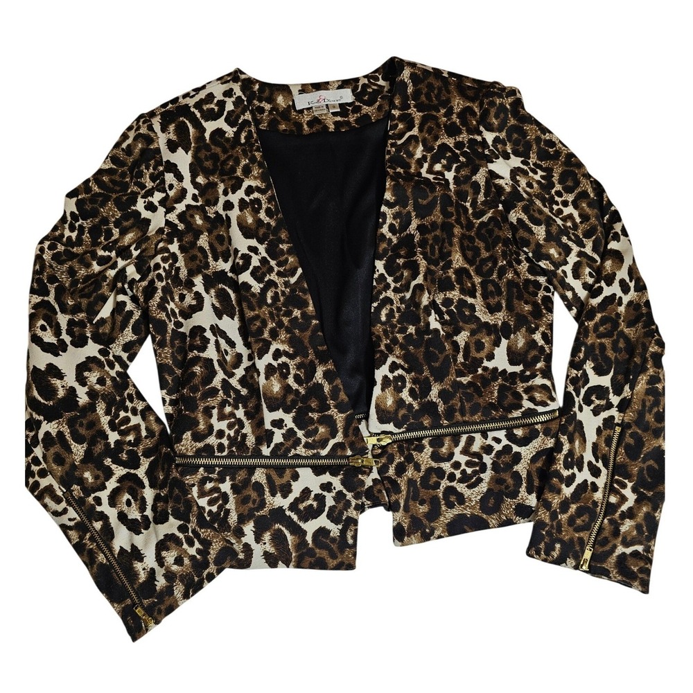 Kelly & Diane Leopard Print Blazer Jacket Gold Zipper Accents Brown Tan Size 8